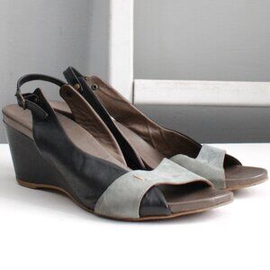Lillmill Women's Black Gray Leather Slingback Wedge Sandals Size 40 / 9 US